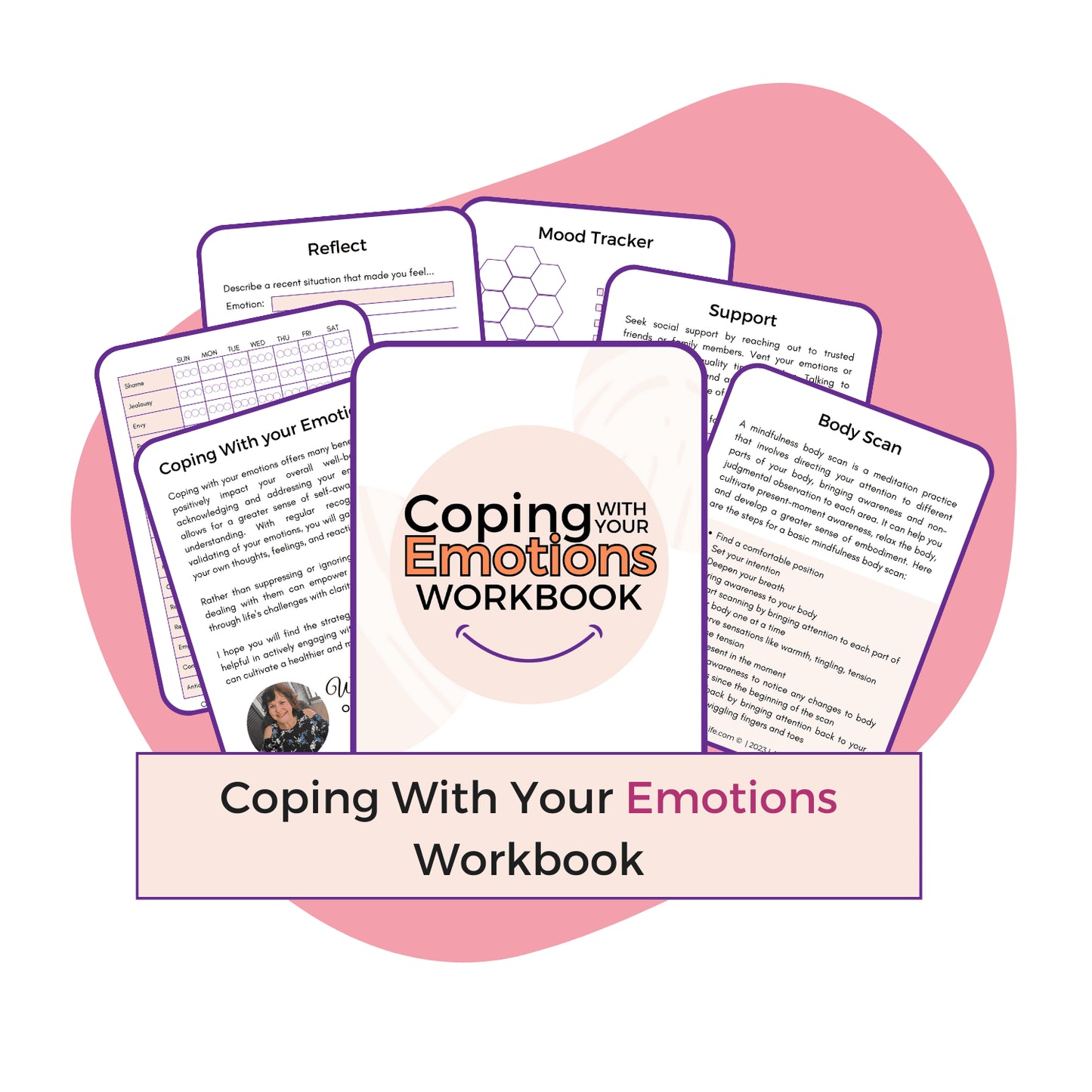 Emotional Wellness Activities for Women Pack trio mockup, pink background, coping with emotions workbook
