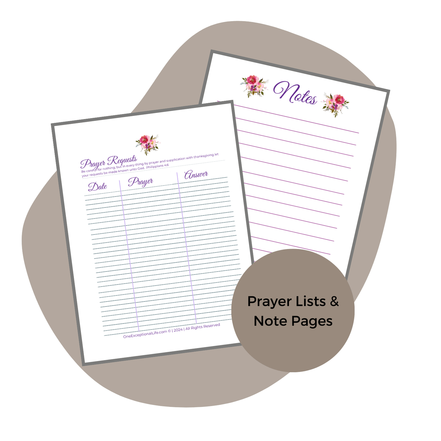 Gratitude in Action, a bible study with prayer requests and notes mockup, purple background