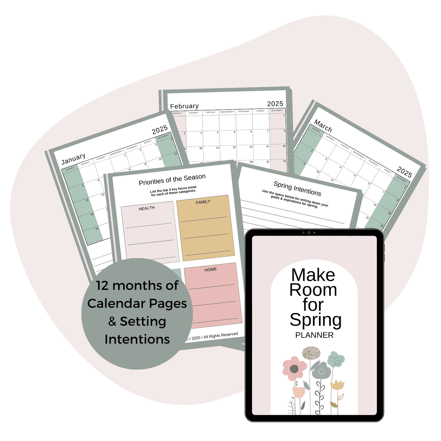Make Room for Spring  Mockup featuring the Make Room for Spring planner and  12 months of Calendar Pages, purple background
