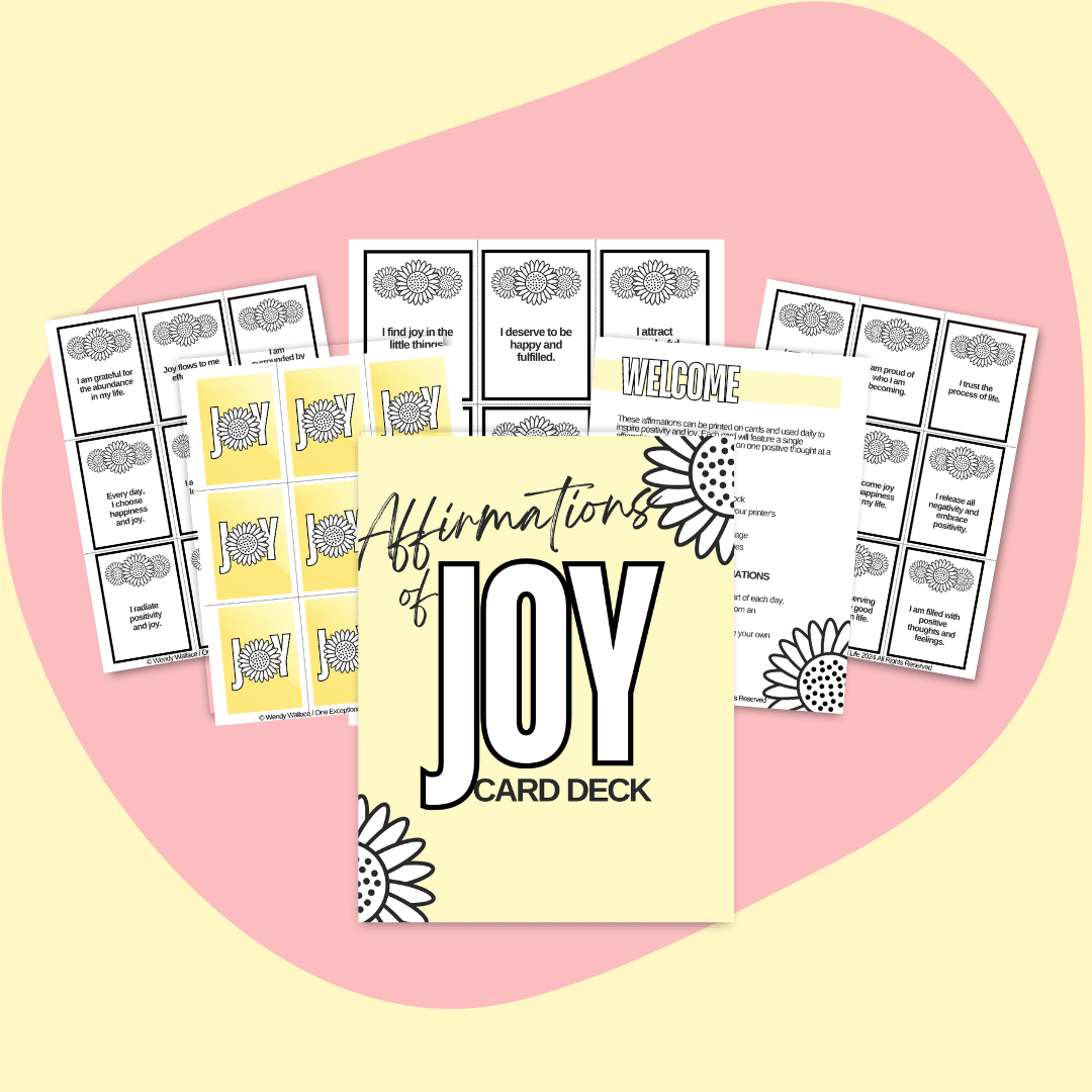 This is a mockup of Affirmations of Joy Card Deck in the center. Surrounding the cover are several open pages from the workbook. The workbook cover and pages are decorated with floral designs, and the background is a soft pink abstract shape on a lighter pink base.