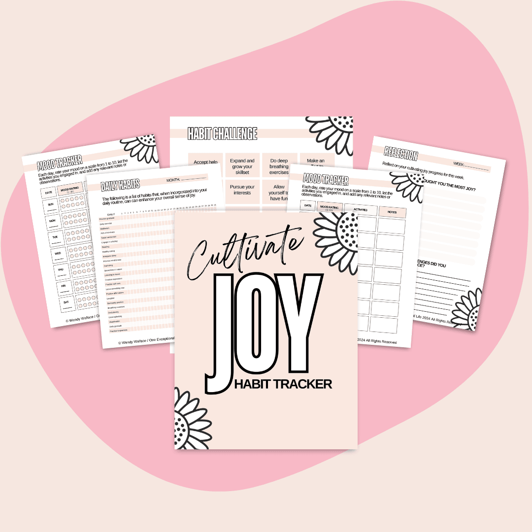 This is a mockup of Cultivate Joy Habit Tracker in the center. Surrounding the cover are several open pages from the workbook. The workbook cover and pages are decorated with floral designs, and the background is a soft pink abstract shape on a lighter pink base.