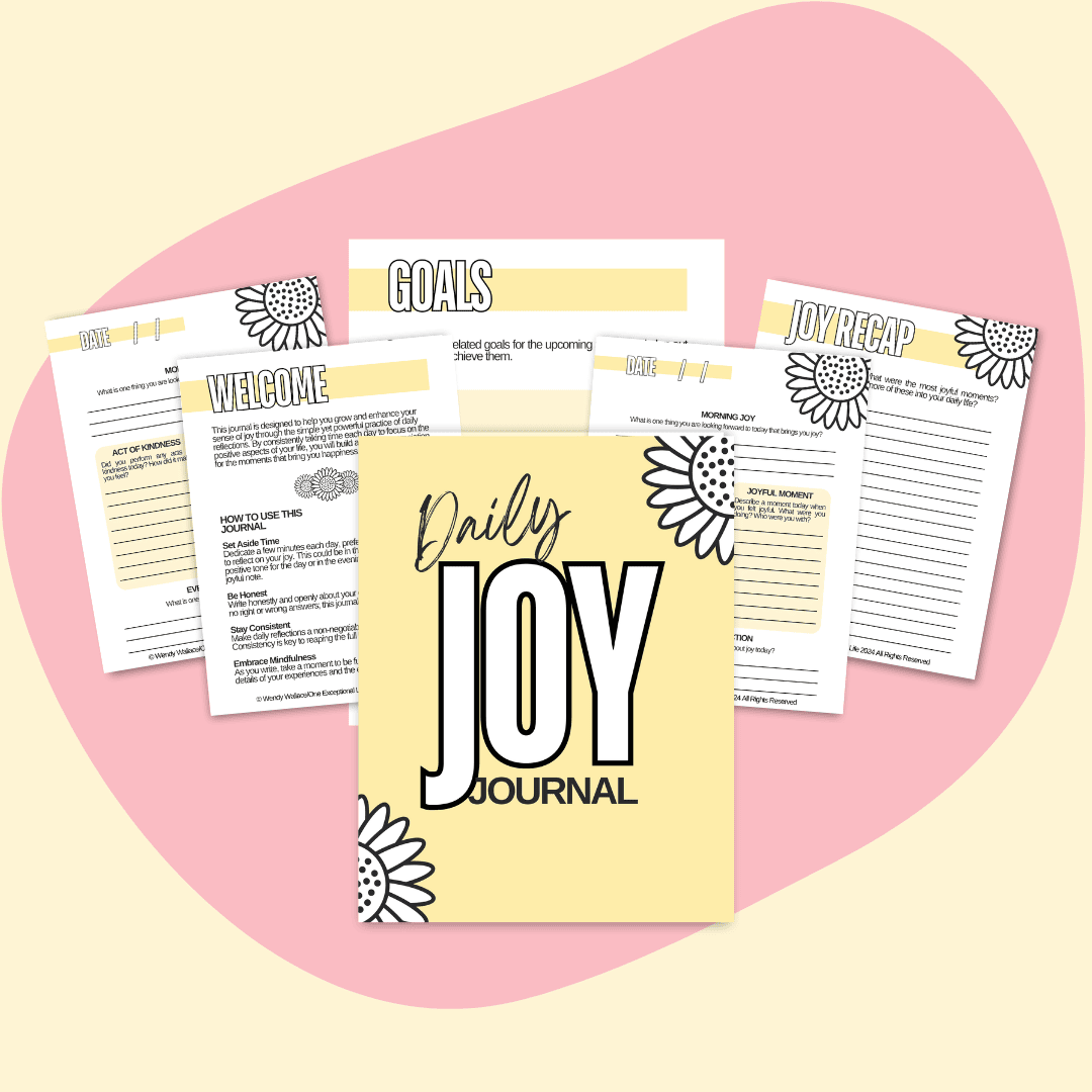 This is a mockup of  Daily Joy Journal in the center. Surrounding the cover are several open pages from the workbook. The workbook cover and pages are decorated with floral designs, and the background is a soft pink abstract shape on a lighter pink base.