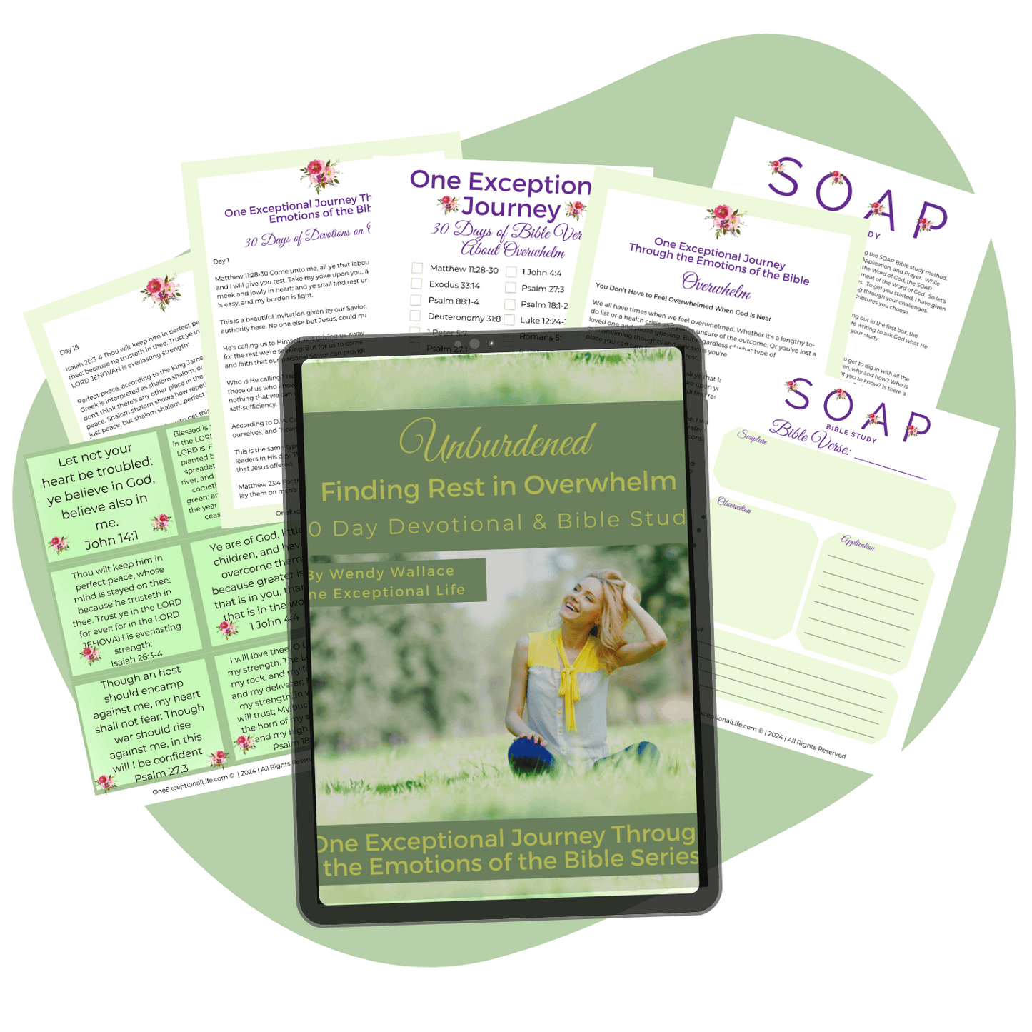 Unburdened: Finding Rest in Overwhelm Bible Study and Devotional mockup, green background, tablet with cover page and a variety of pages from the study