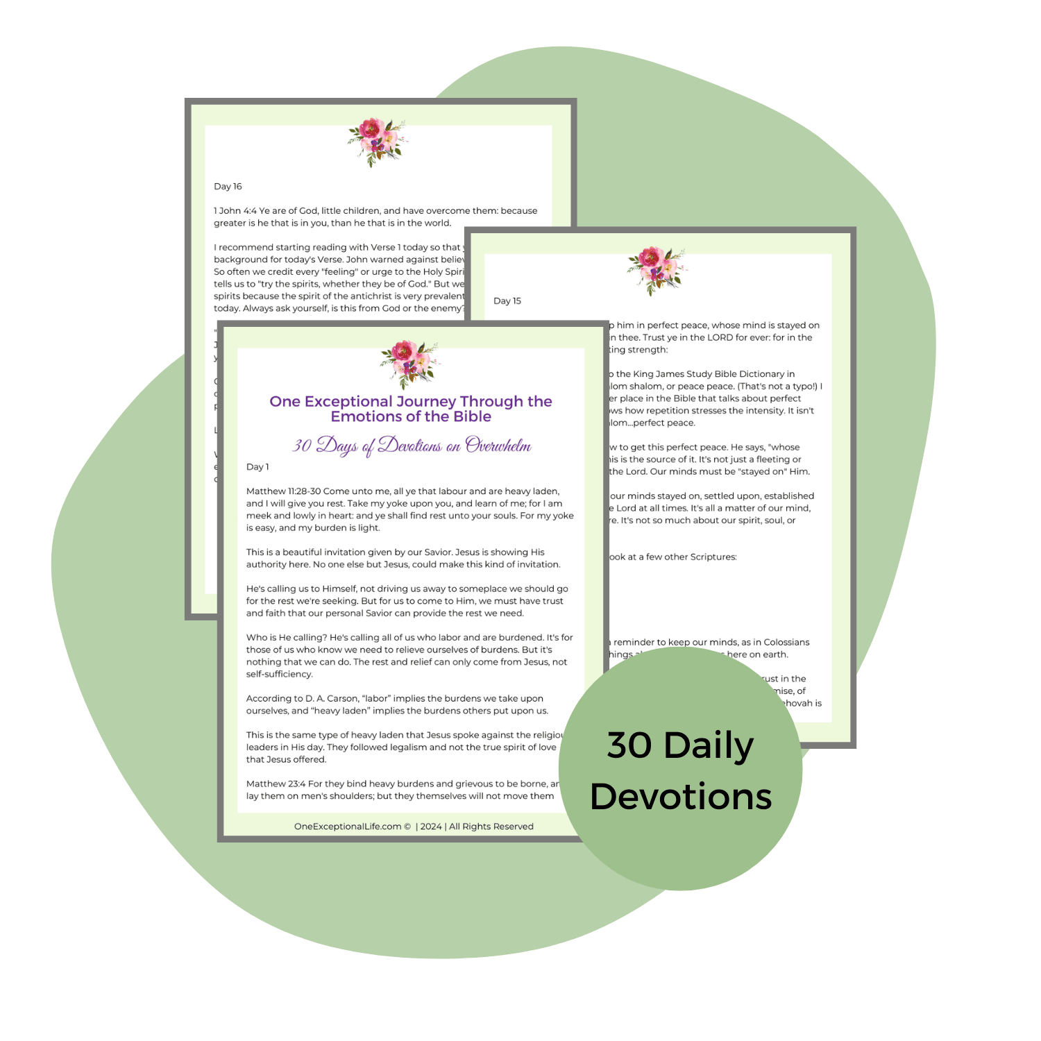 Unburdened Bible Study mockup, green background, 3 of the daily devotions mockup
