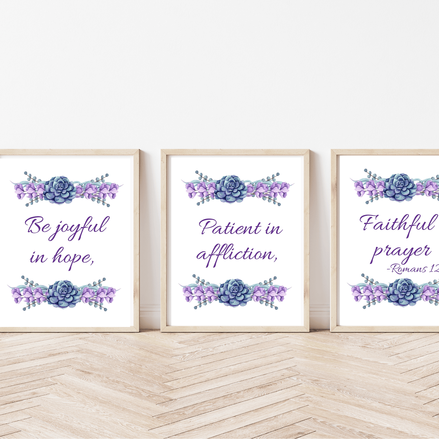 Be Joyful in Hope, Patient in Affliction, Faithful in Prayer wall art mockup 