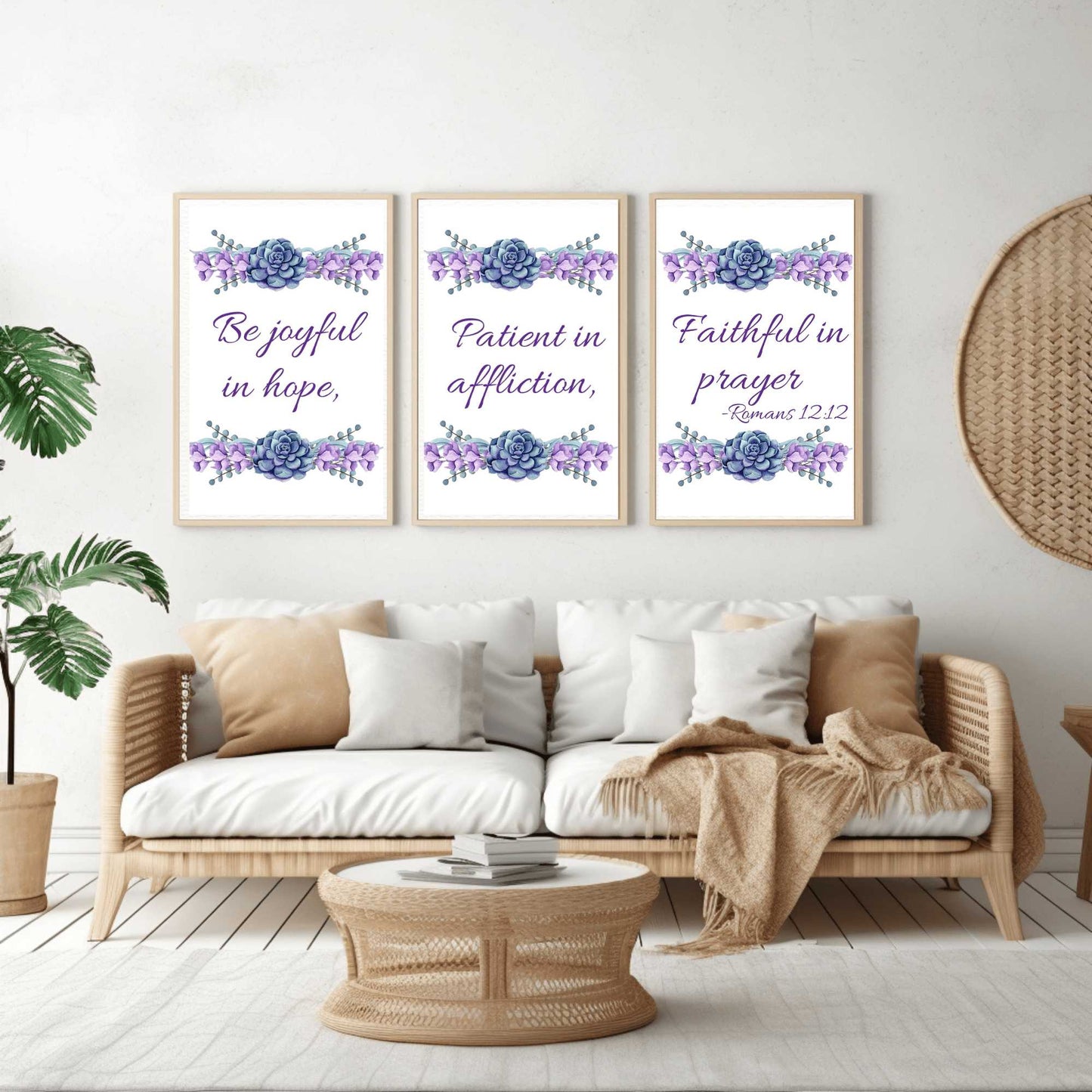 Be Joyful Patient Faithful - Wall Art Trio mockups, brown wicker sofa, white willows