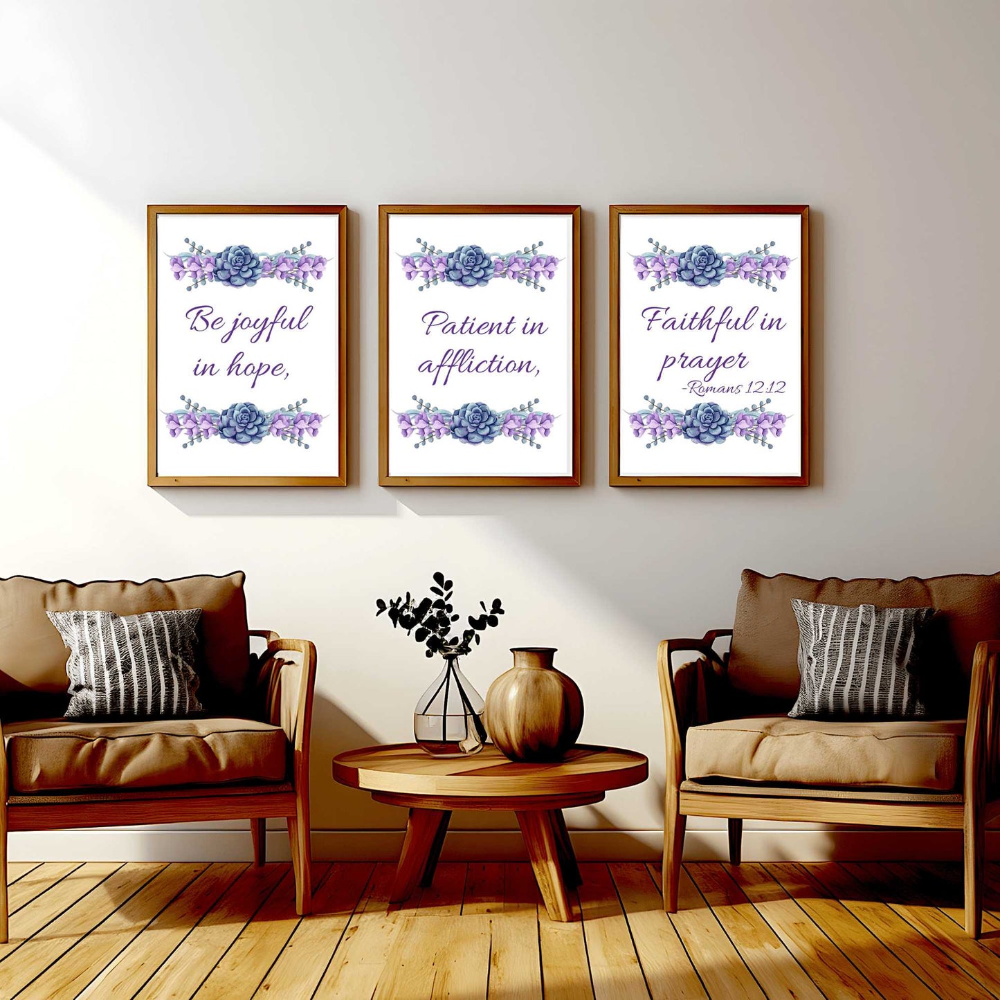 Be Joyful Patient Faithful - Wall Art Trio mockups, brown chairs, pillows