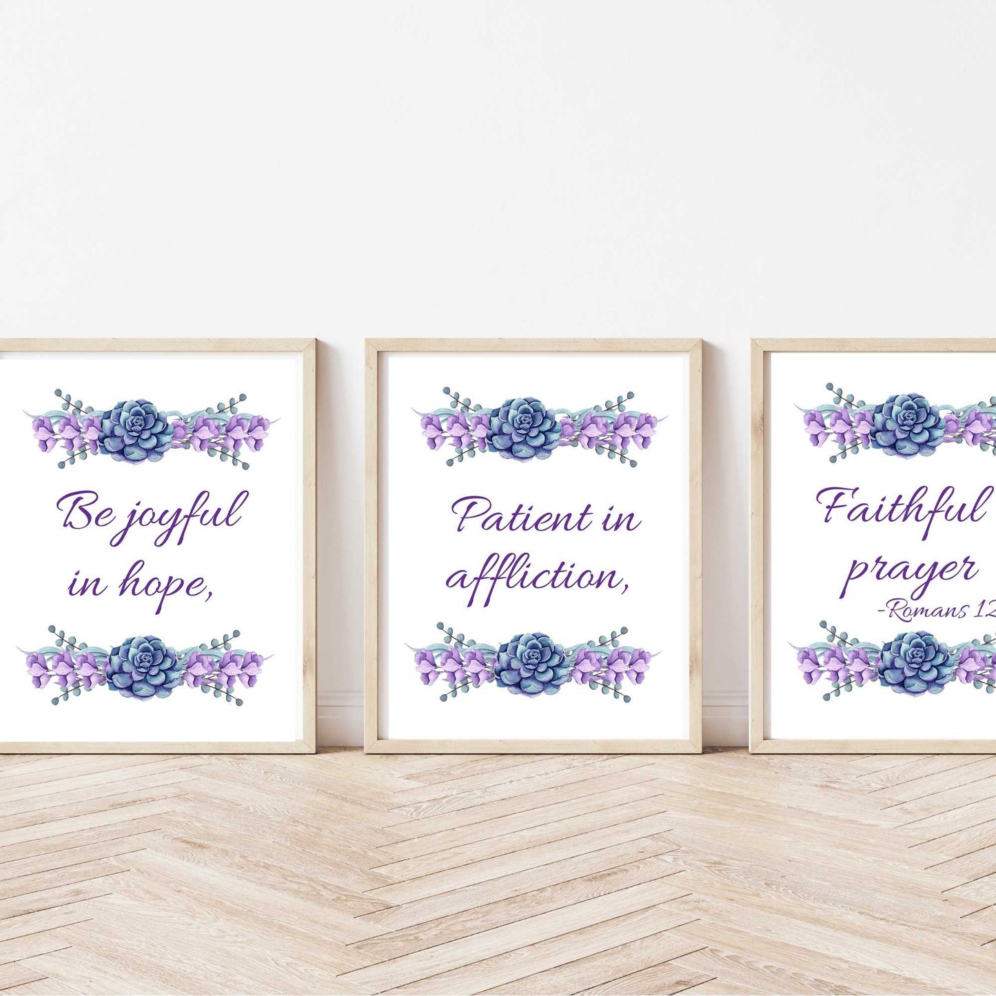 Be Joyful Patient Faithful - Wall Art Trio mockups, pale frames