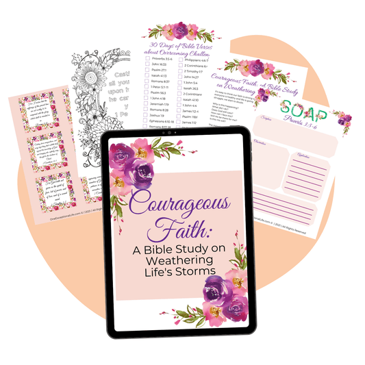 Courageous faith, bible study on weathering life's storms mockup, pink background, pink, purple flowers in tablet image