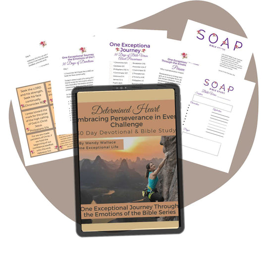 Determined Heart: Bible Study on Perseverance in Challenges Mockup, brown background, brown tablet cover