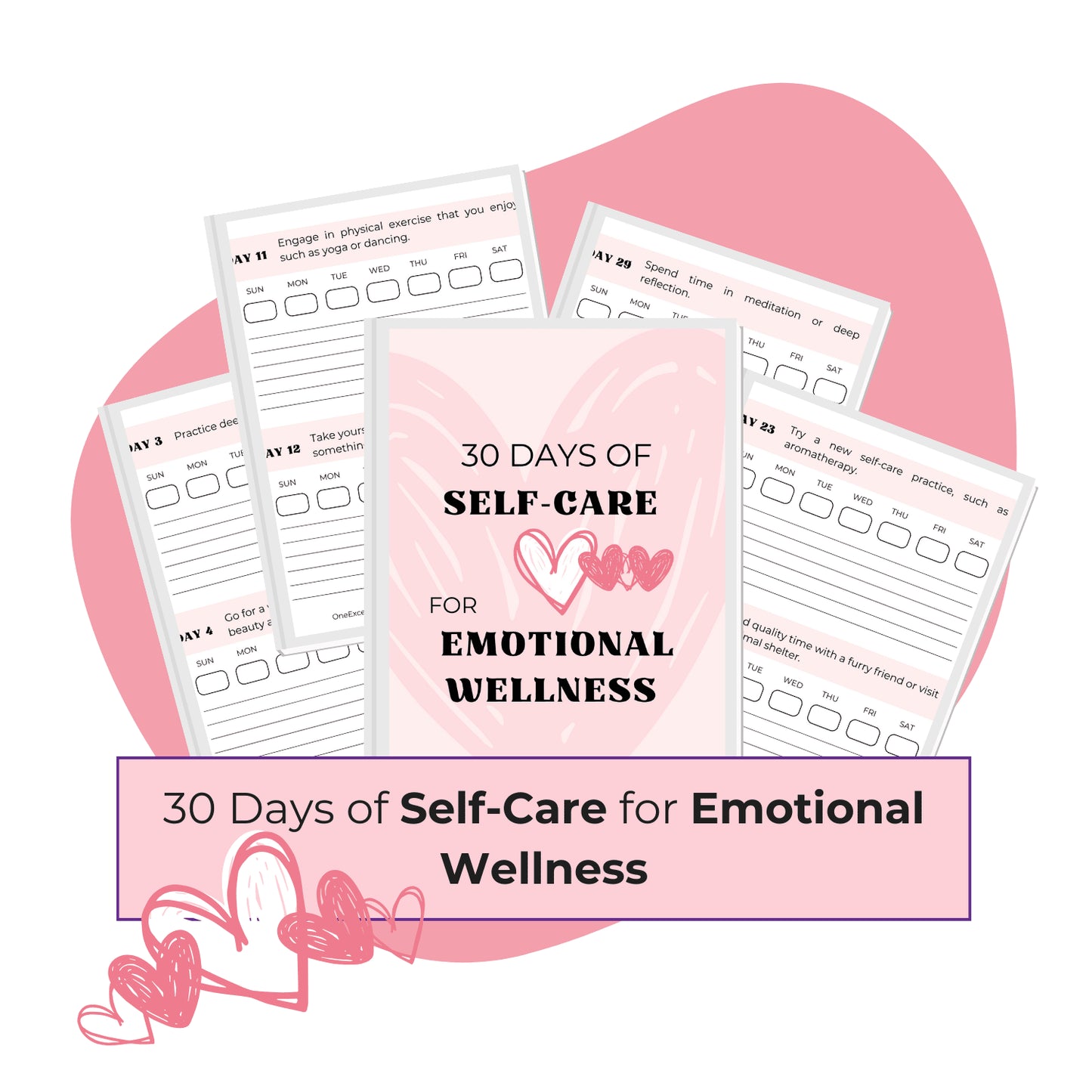 Emotional Wellness Activities for Women Pack trio mockup, pink  background, self care, emotional wellness workbook