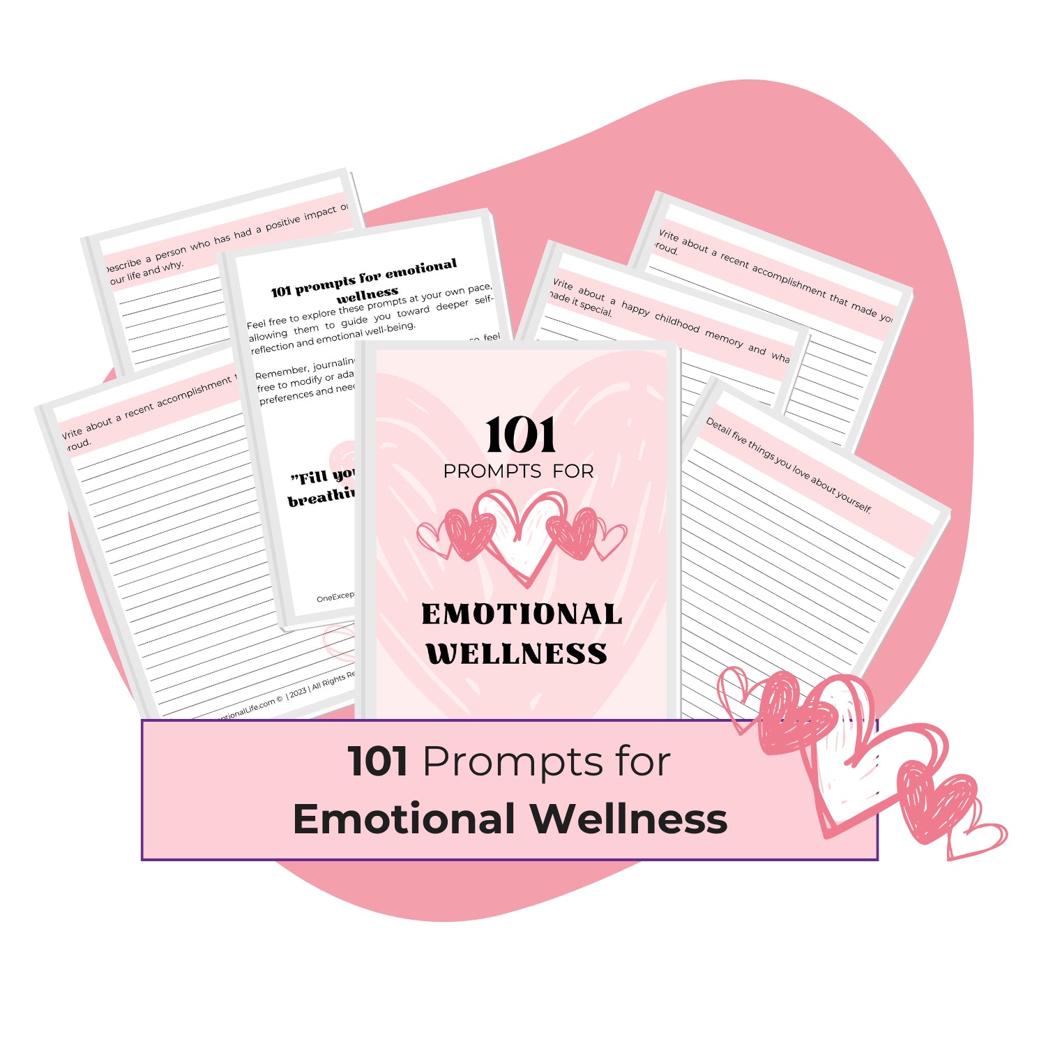 Emotional Wellness Activities for Women Pack trio mockup, pink  background, prompts for emotional wellness