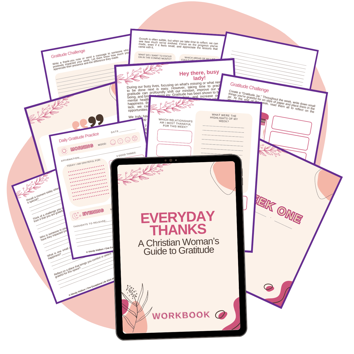 Everyday Thanks: A Christian Woman’s Guide to Gratitude workbook mockup, pink background