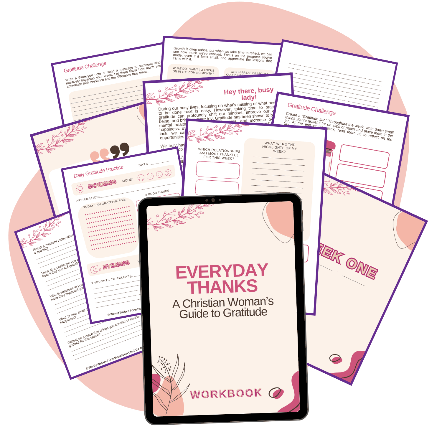 Everyday Thanks: A Christian Woman’s Guide to Gratitude workbook mockup, pink background