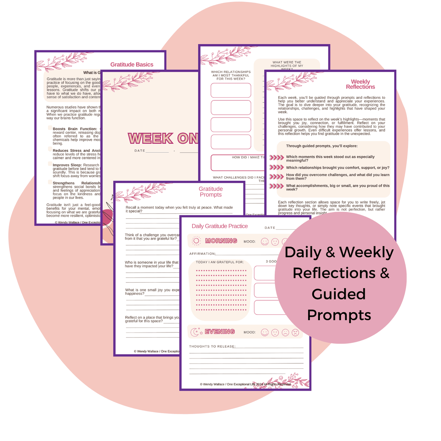 Everyday Thanks Gratitude workbook mockup, daily, weekly reflections, guided prompts pink background