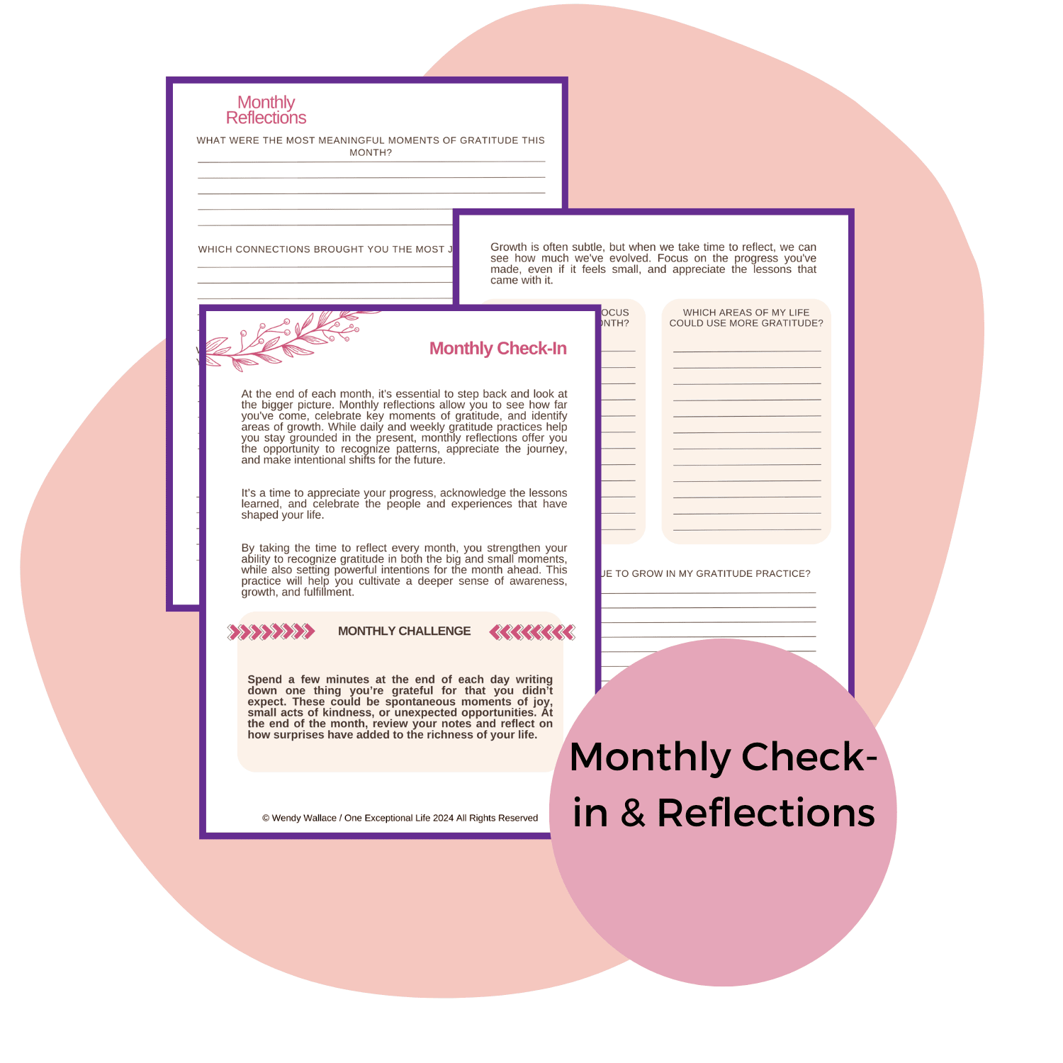 Everyday Thanks Gratitude workbook mockup, monthly checkin and reflections, pink background