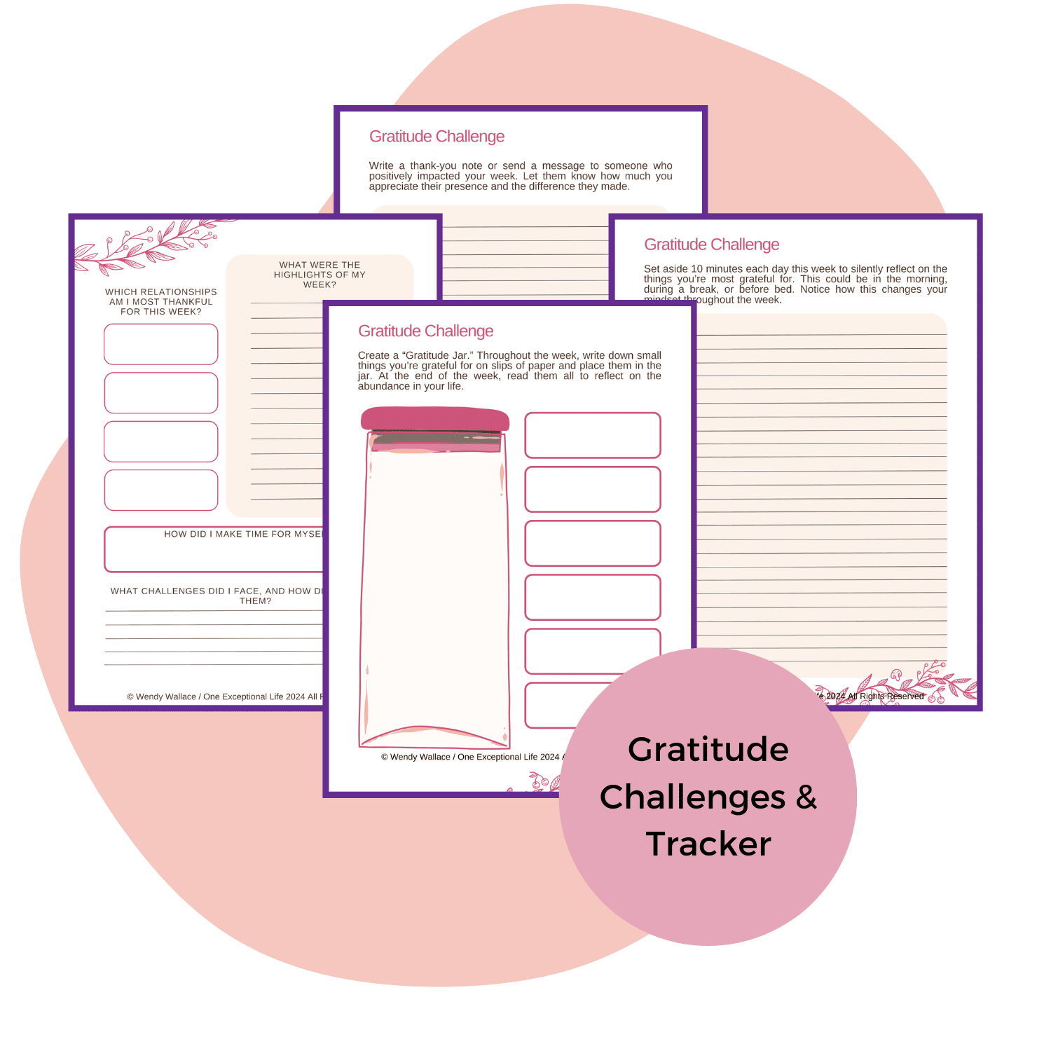 Everyday Thanks Gratitude workbook mockup, gratitude challenges and tracker, pink background