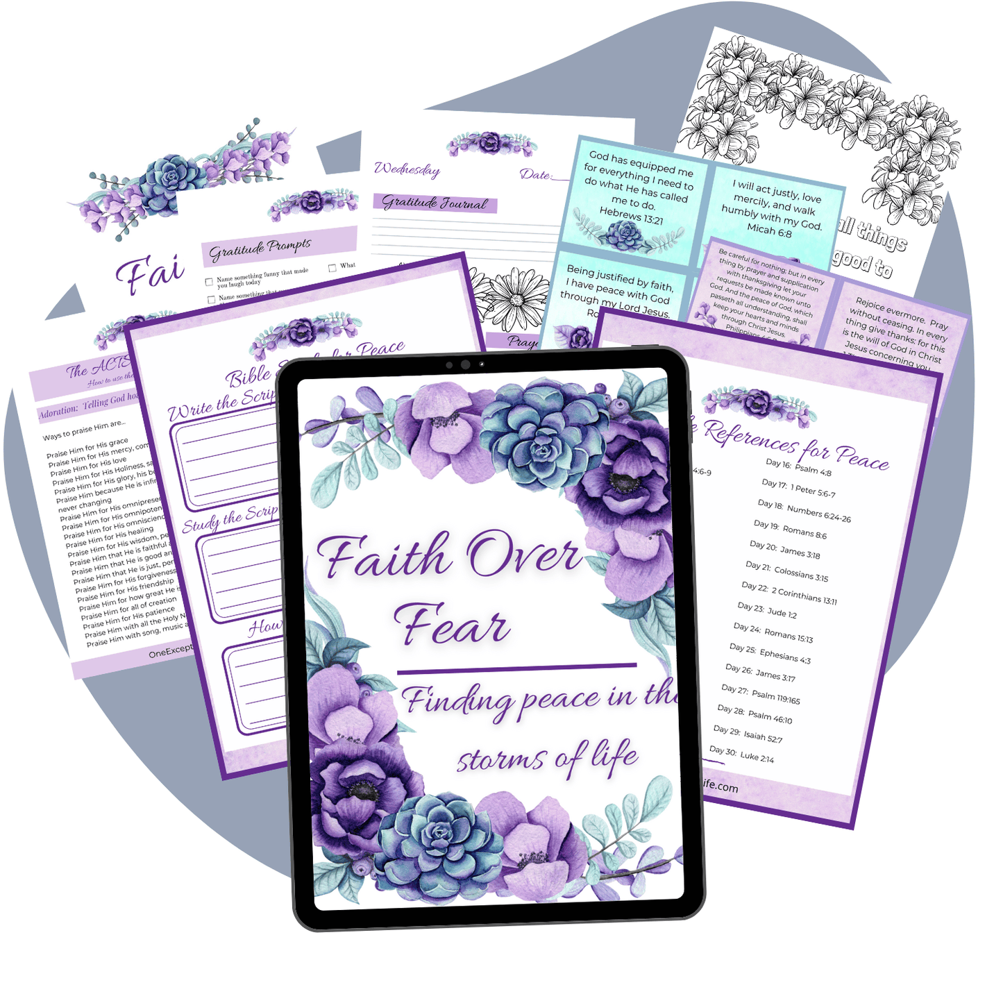 faith over fear toolbox mockup, purple and blue flowers in tablet cover mockup, blue background