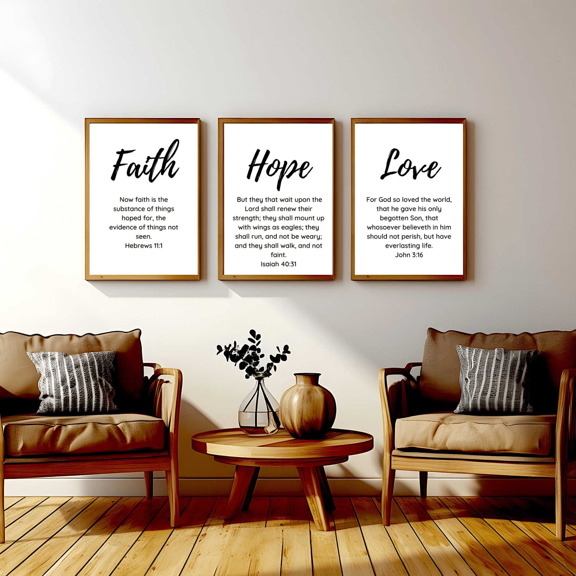 Faith Hope Love - Wall Art Trio mockup, brown chairs