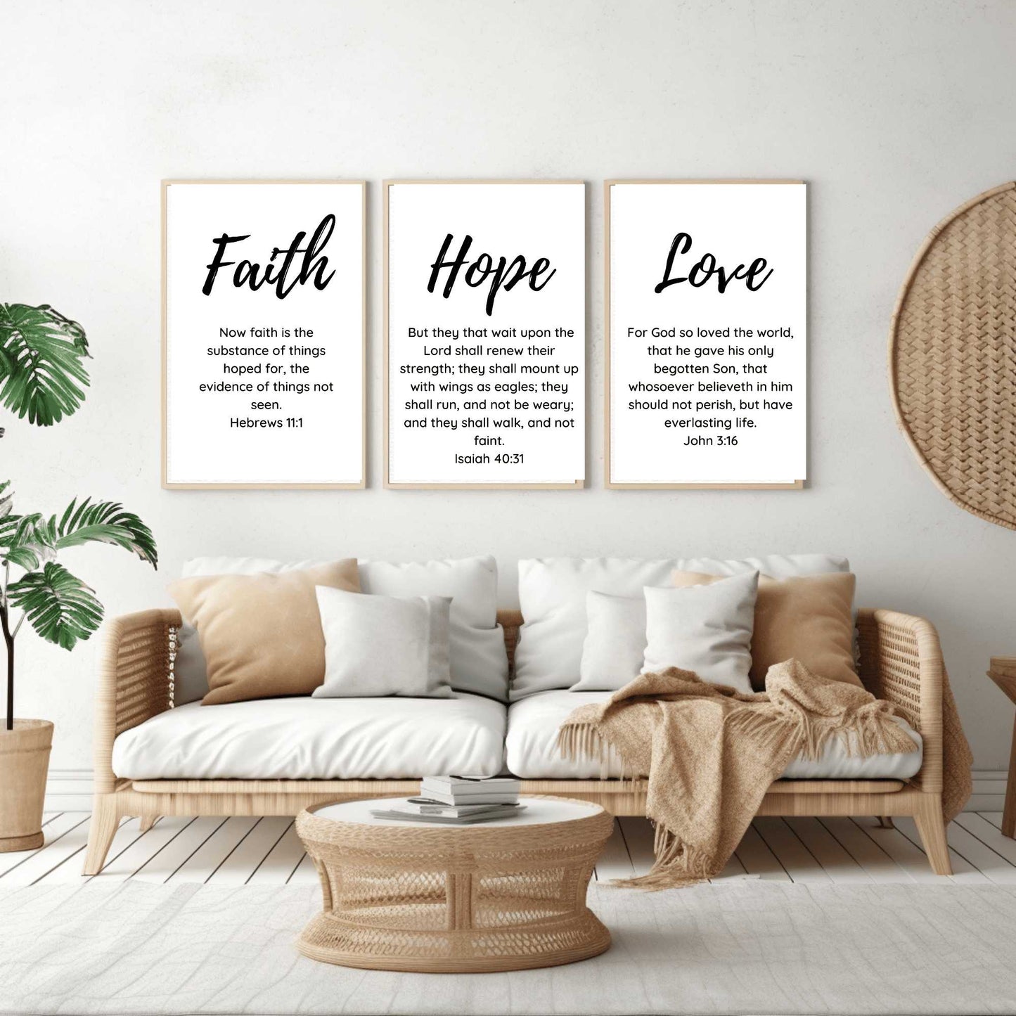 Faith Hope Love - Wall Art Trio mockup, tan wicker sofa,