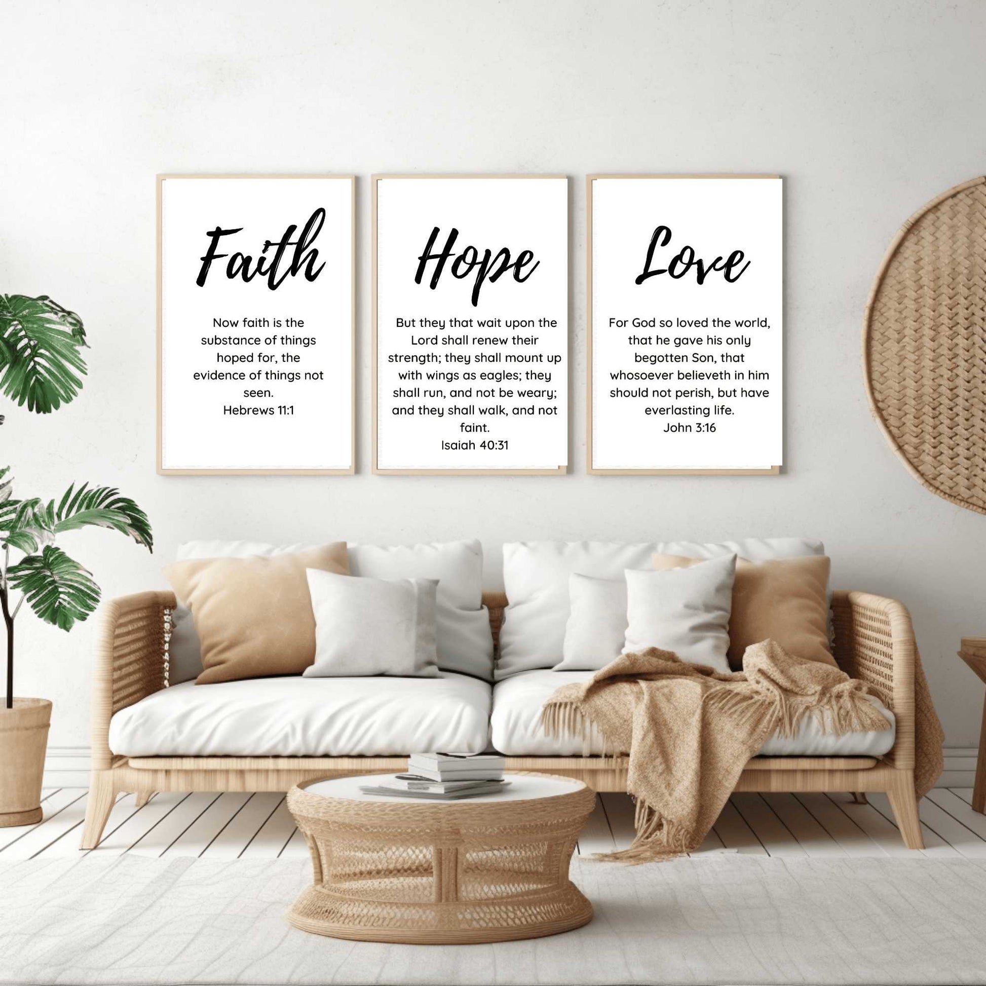 Faith Hope Love - Wall Art Trio mockup, tan wicker sofa,