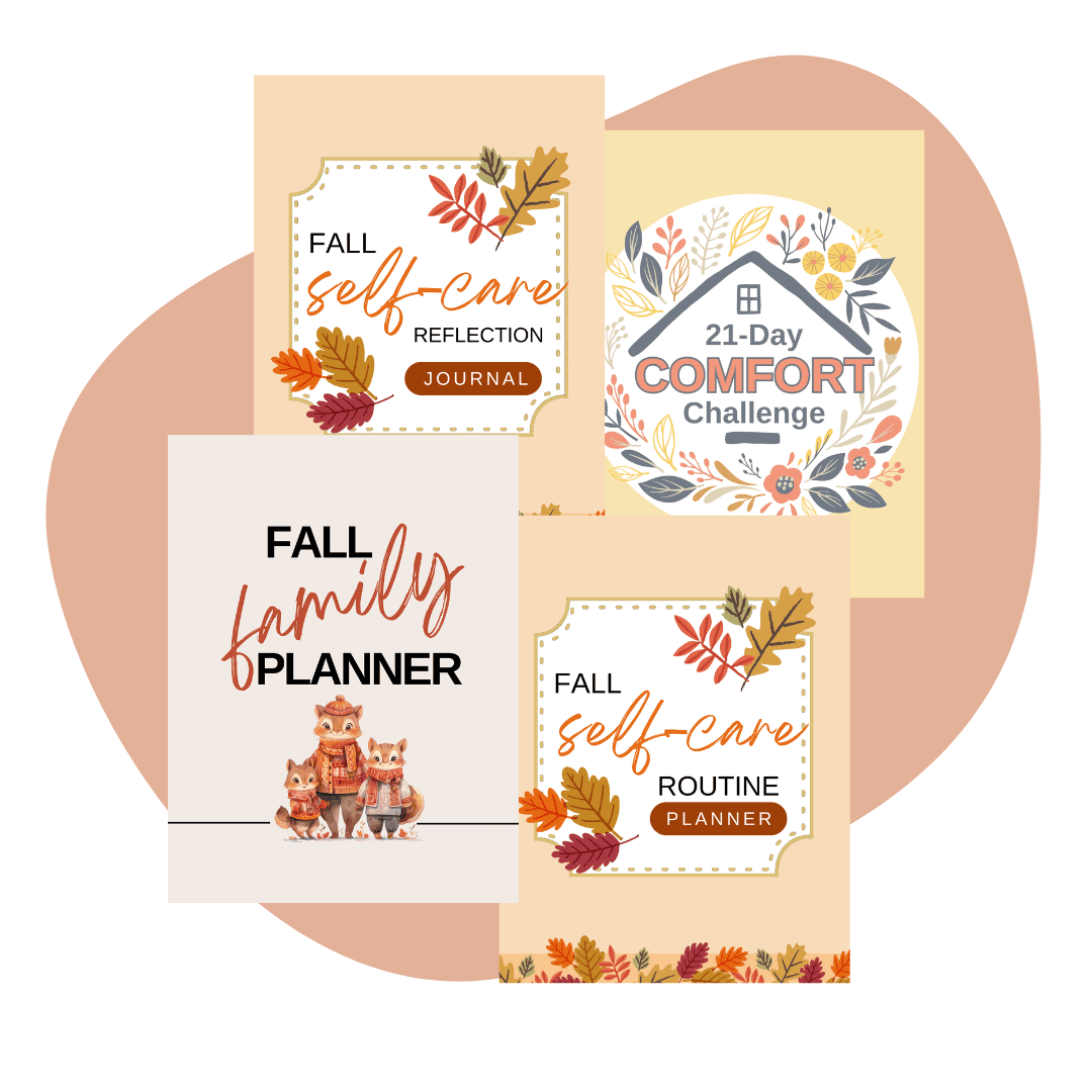 Harvest of Home cover mockup featuring fall family planner, self-care reflection journal, routine planner, comfort challenge