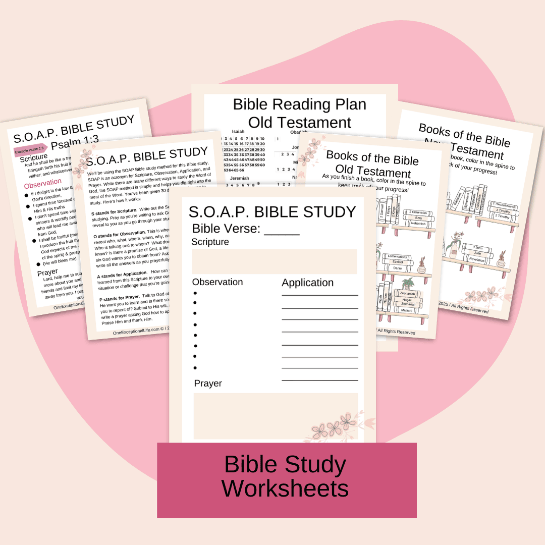 Living in Faith Spiritual Growth Planner mockup consisting of a variety of bible study worksheets, pink background