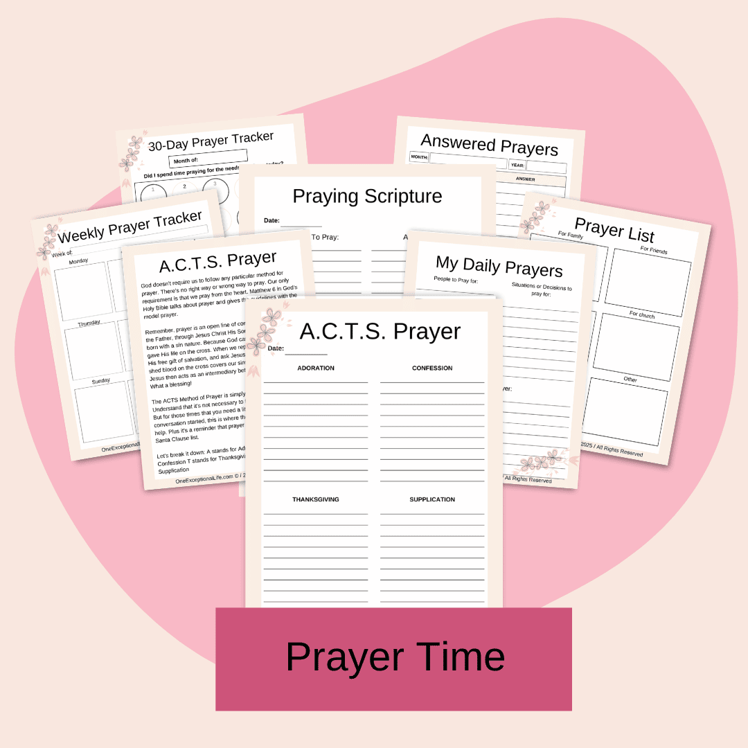 Living in Faith Spiritual Growth Planner mockup consisting of a variety of prayer worksheets, pink background