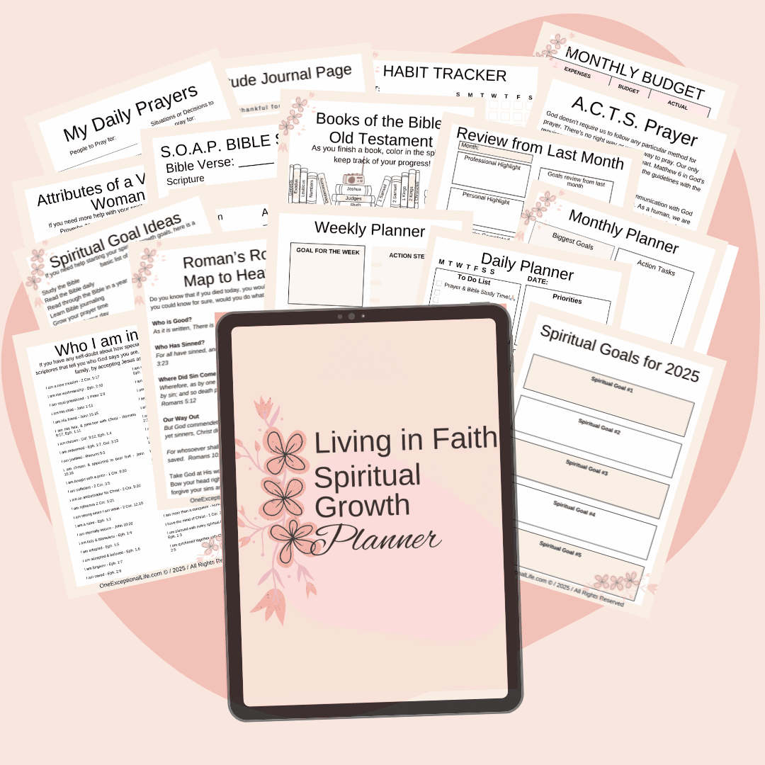 Living in Faith Spiritual Growth Planner mockup consisting of a variety of worksheets, pink background