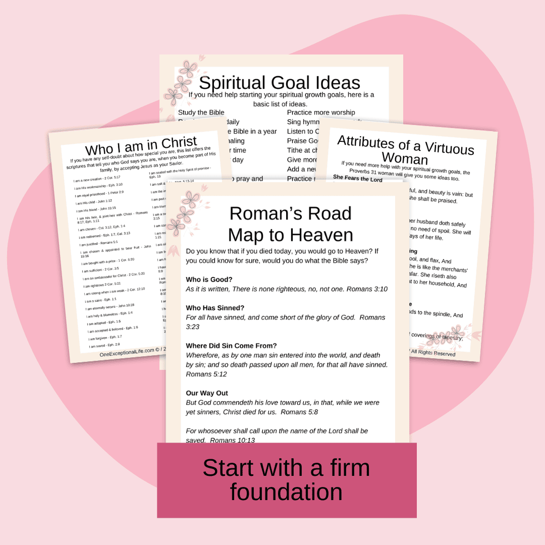 Living in Faith Spiritual Growth Planner mockup consisting of romans road, who am I, attributes of a virtuous woman, spiritual goal ideas and worksheets, pink background