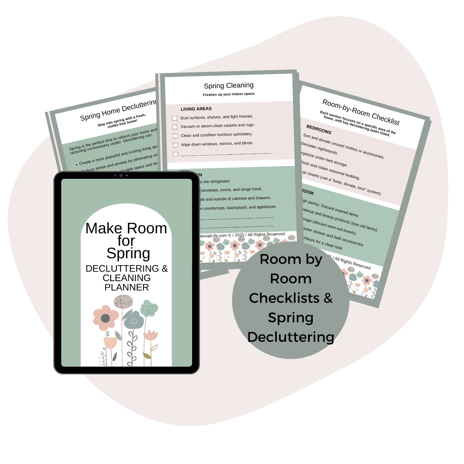 Make Room for Spring  Mockup, Make Room for Spring Decluttering and Cleaning Planner, with Room by Room Checklists & Spring Decluttering, purple background 
