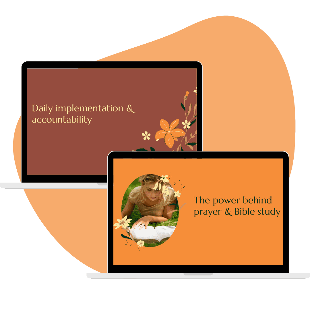 2 Laptop screens. First displays the power behind prayer and bible study, second screen displays daily implementation and accountability.