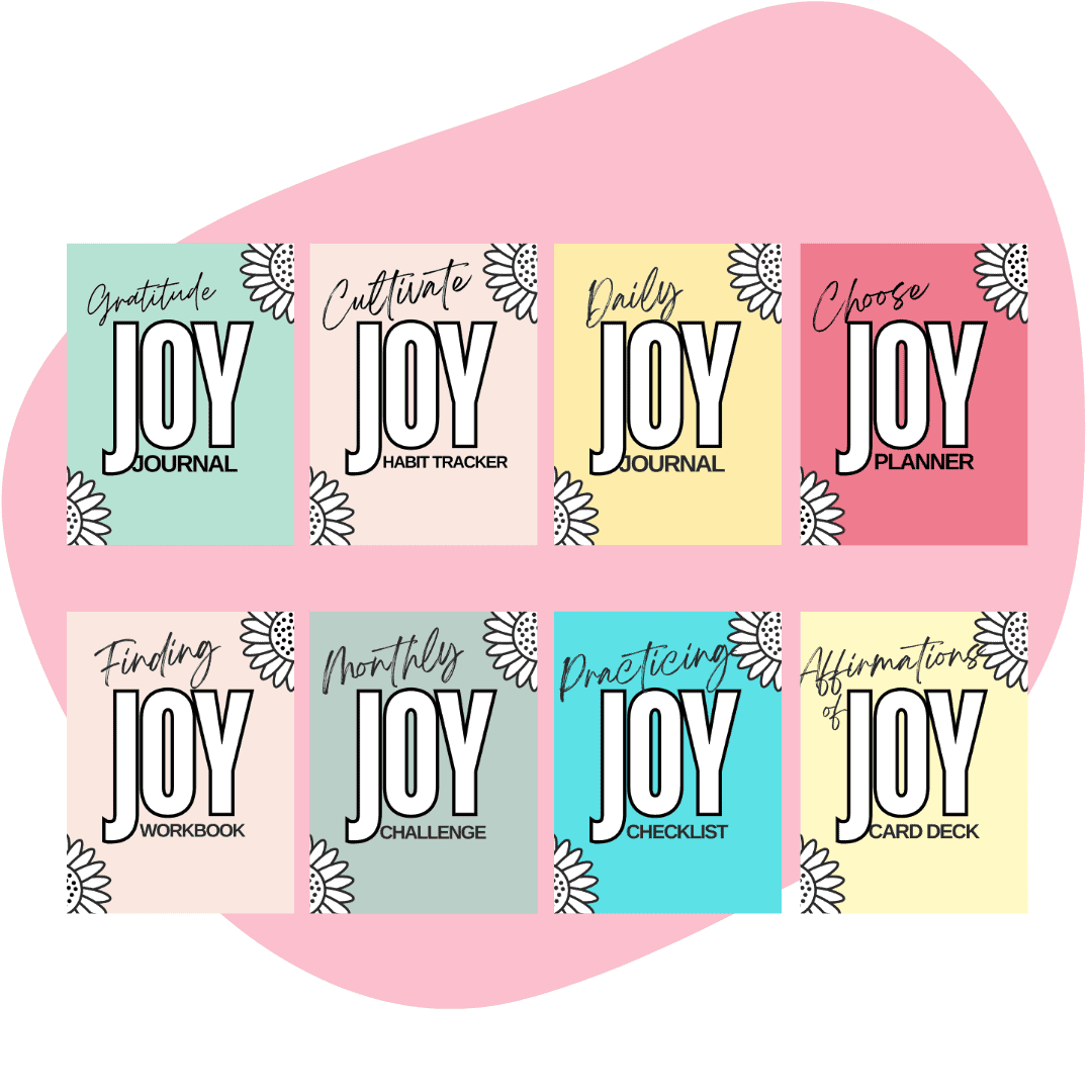 The image showcases a set of eight colorful cards arranged in two rows, each with a title related to joy-themed activities. The titles are: "Gratitude Joy Journal," "Cultivate Joy Habit Tracker," "Daily Joy Journal," "Choose Joy Planner," "Finding Joy Workbook," "Monthly Joy Challenge," "Practicing Joy Checklist," and "Affirmations of Joy Card Deck." Each card features floral accents and is set against a white background with a pink abstract shape.