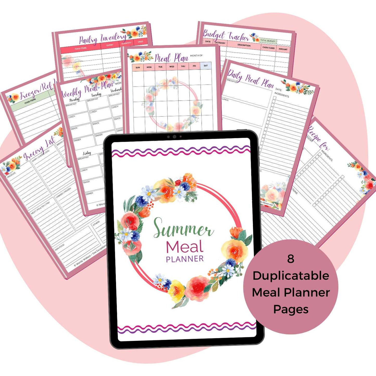 Summer Meal Planner mockup, meal planner pages