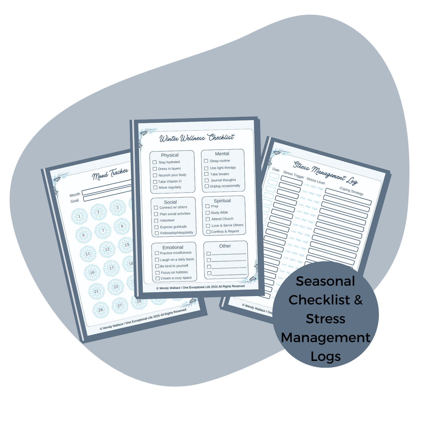 Winter Reflections Mockup featuring seasonal checklist, stress logs, blue background