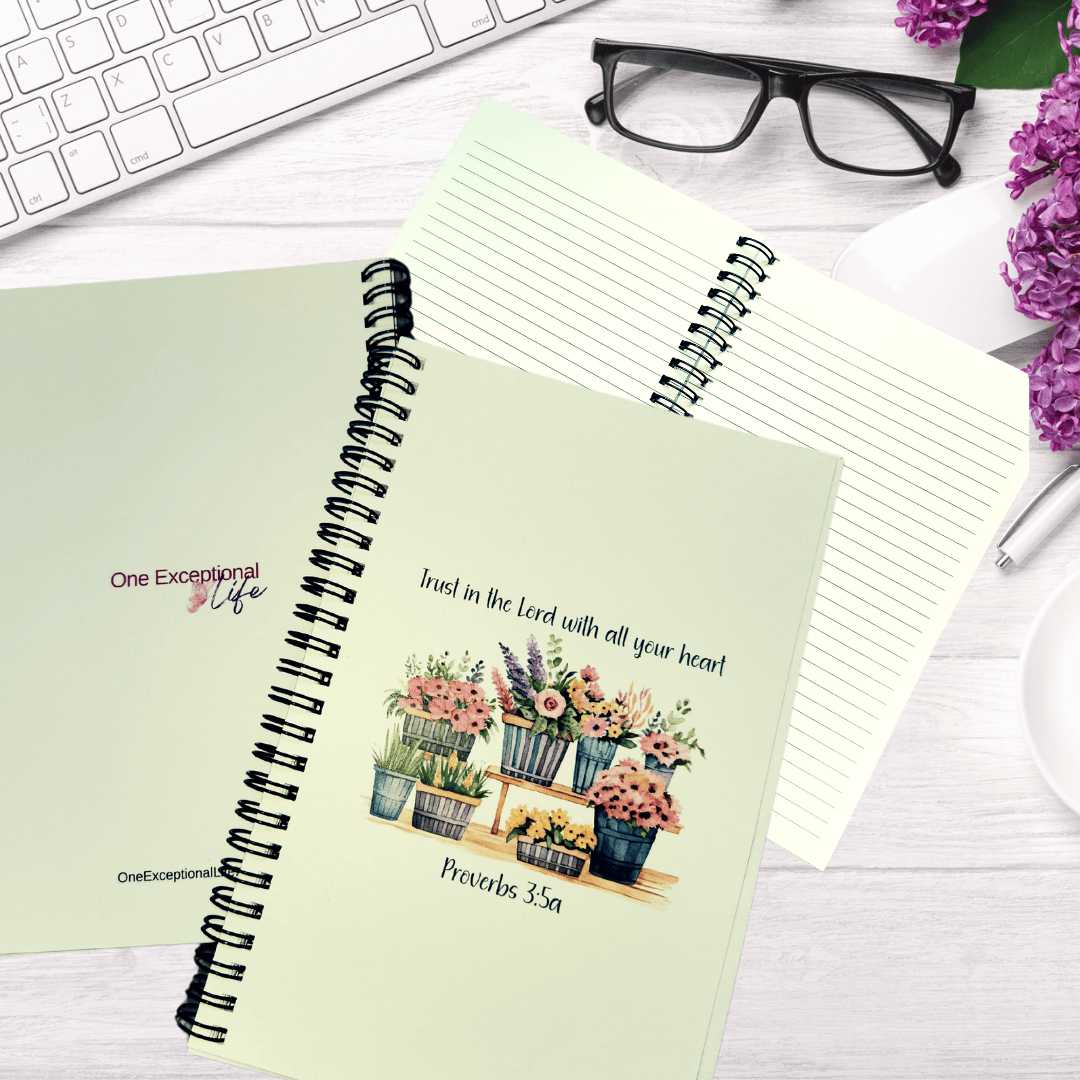 Joyful Inspiration Journals mockup, trust in the lord, flower arrangements on table, lined pages, glasses